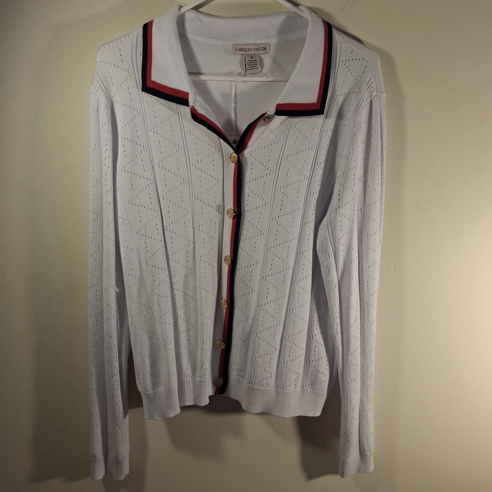 NWT Carolyn Taylor White Long Sleeve Cardigan with Red & Navy Blue Trim Size XL